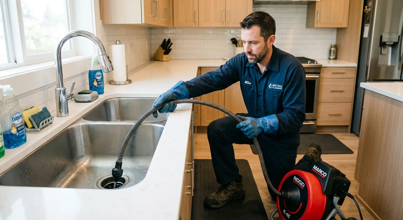 Drain cleaning technician using a motorized snake on a kitchen sink in Dorr