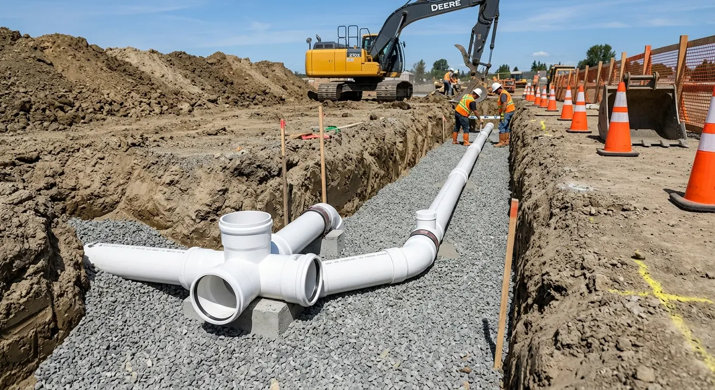 New PVC sewer pipe installation in open trench for Sewer Backup in Dorr