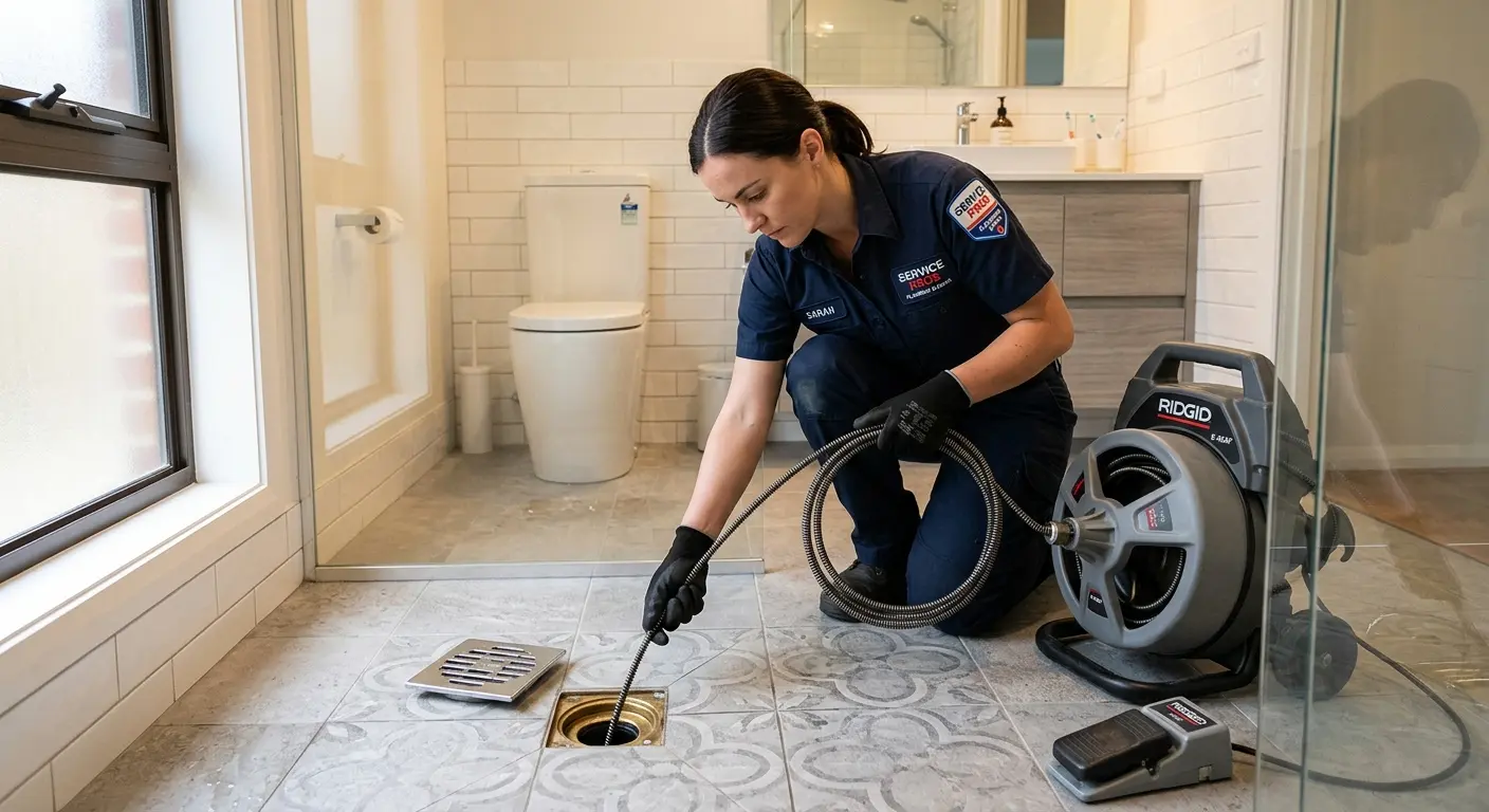 Technician clearing a bathroom floor drain for Sewer Line Replacement in Dorr